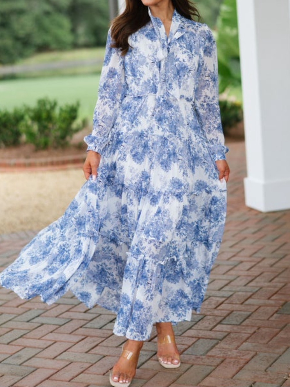 Blue and White Floral Tie-Neck Tiered Maxi Dress